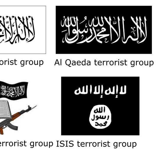 Flags of 4 Terrorist Groups: Taliban, Al-Qaeda, ISIS and Boko Haram 