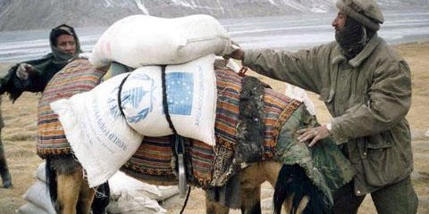 يک مرد در حال بار کردن مواد خوراکی سازمان غذايی جهان در ولايت بدخشان